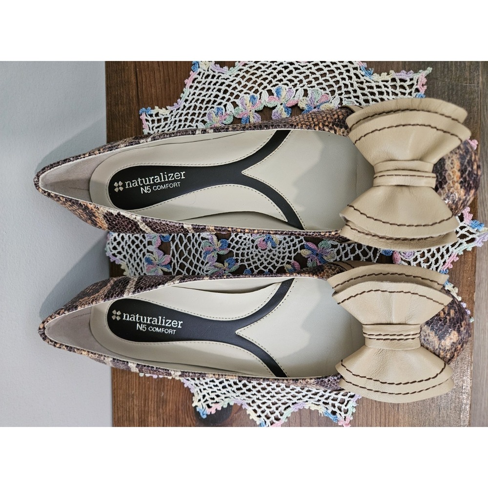 Naturalizer Flats 8W Brown Snakeskin Look Leather Decade Bow N5 Comfort Neutral - Picture 4 of 16